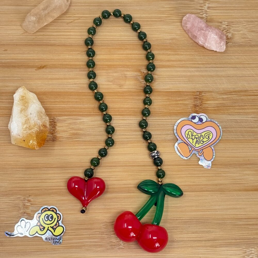 String Ting Cherry Drop Jade Bag Charm | Handmade Beaded in London | Authentic
